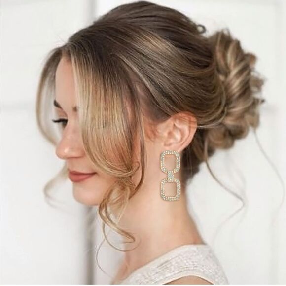 Yellow Gold with Iridescent AB Austrian Crystal Double Link Post Back Earrings - Picture 4 of 5